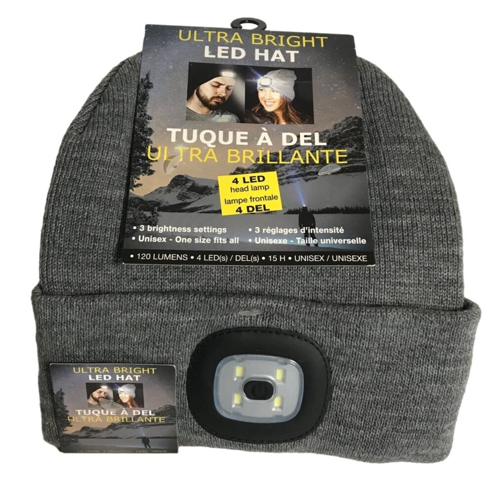 Ultra Bright LED Beanie Cap 3 Brightness Levels Unisex Grey One Size